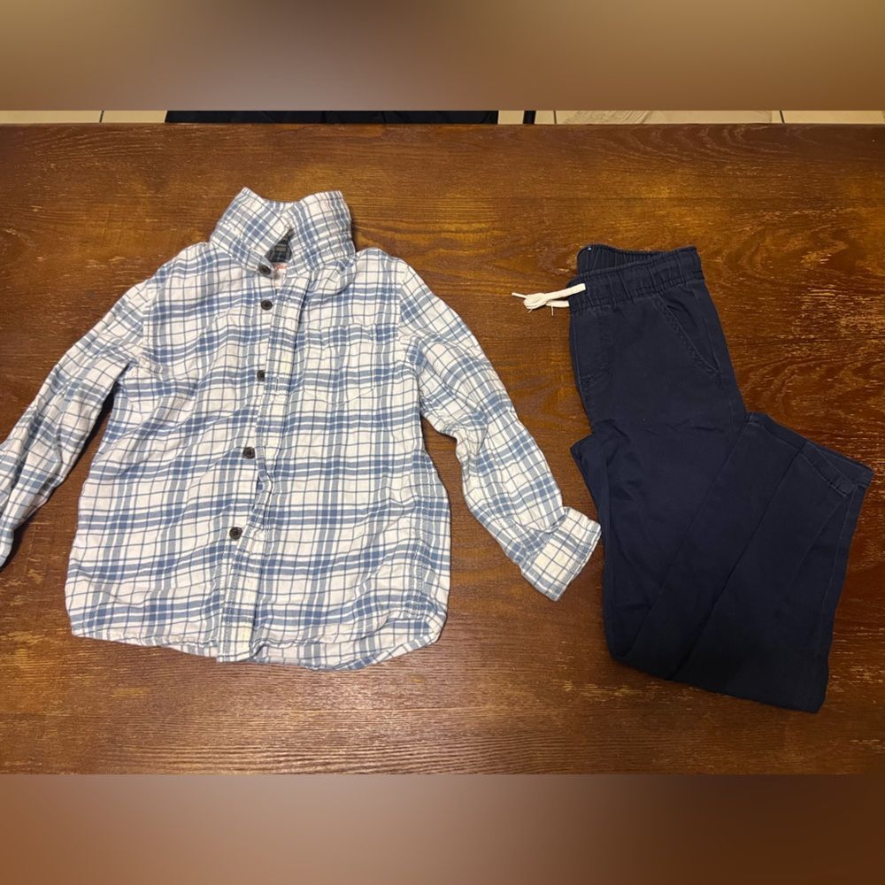 Outfit Set Boys 5T Dark Navy Blue Pants Plaid Button Up Shirt Outdoor Casual